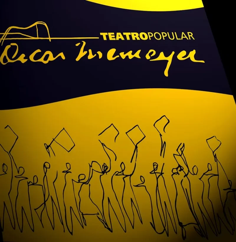 Cartaz do Teatro Popular Oscar Niemeyer em azul-marinho e amarelo, com multidão desenhada em traço.